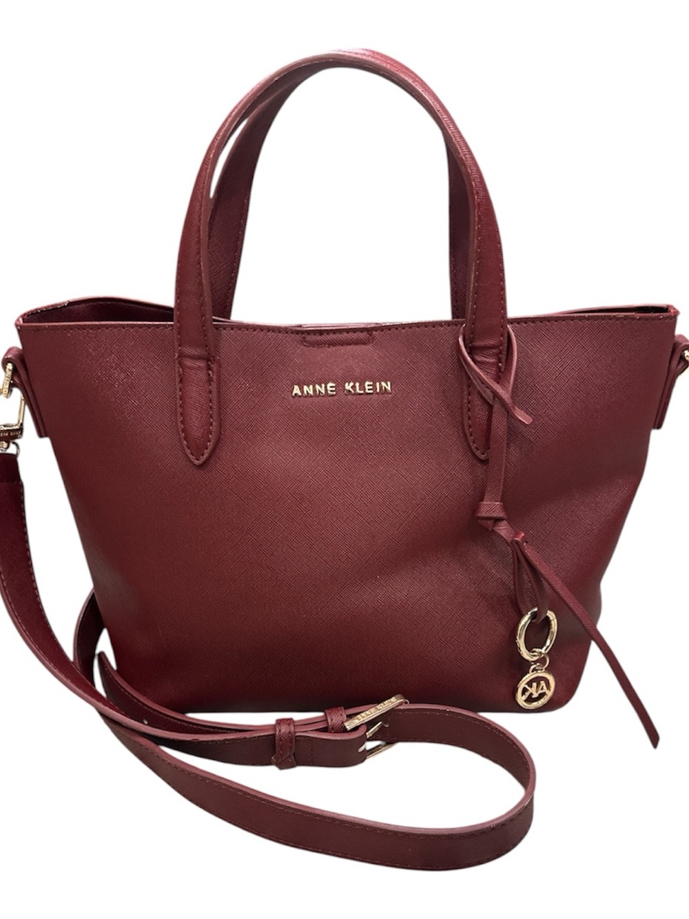 Anne Klein Burgundy Saffiano Crossbody Satchel Tote Bag Gold Hardware